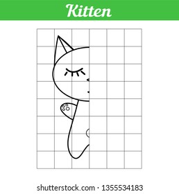 The kitten is sleeping. Grid copy the picture for children. Illustration of a simple coloring book. Easy game for learning kids. Vector Cute animal cat for educational drawing.
