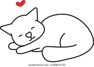 kitten sleeping. Minimalist vector line drawing illustration of a sleeping cat and a red heart. Pet lover. Black and white.