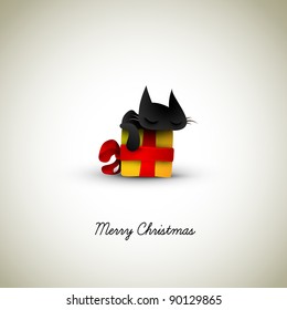 Kitten Sleeping on Christmas Gift Box  | Great Greeting for Pet Owners | Layered EPS10 Vector Background