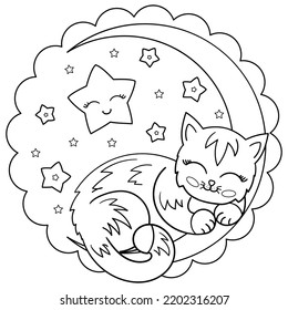 The kitten is sleeping the moon  Black   white linear vector drawing  For children's design coloring books  prints  posters  postcards   so on  Vector