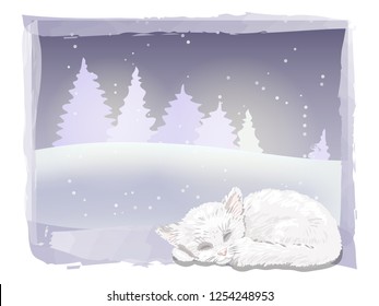 Kitten, sleeping on winter landscape background. Christmas and New Year vector illustration.