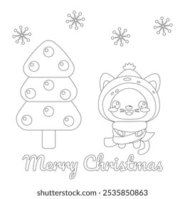 The kitten is smiling and standing in front of the Christmas tree.  This is a Christmas coloring book with a kitten for kids.  A holiday card as a gift, a children's game. Contour vector illustration.