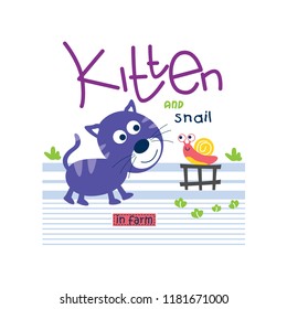 kitten and snail funny animal cartoon,vector illustration