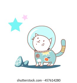Kitten space explorer. Vector hand-drawn sketch. 