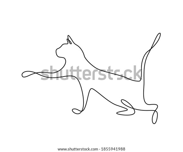 子猫は好奇心に足を伸ばす ワンライン猫デザイン 猫が動いている 白い背景にシルエット 色とシルエット手描き ロゴ のベクター画像素材 ロイヤリティフリー