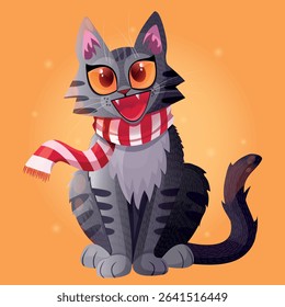 Kitten in a striped scarf. Lights on a yellow background. Striped gray cat. Happy smile. Kitten sits. Vector image of a cute cat