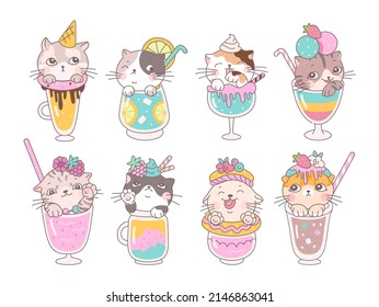 Kitten summer cocktails. Cartoon cat drink, cute fresh cocktail and shakes with little kittens. Animal in glass with fruits, kawaii pet nowaday vector set