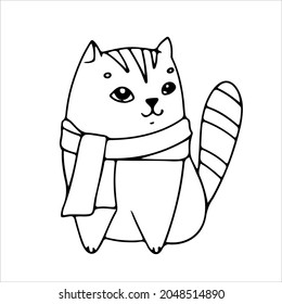 Gatito en un suéter con doodle o estilo boho. Arte de línea simple esbozado. Ilustración vectorial de invierno aislada en fondo blanco.