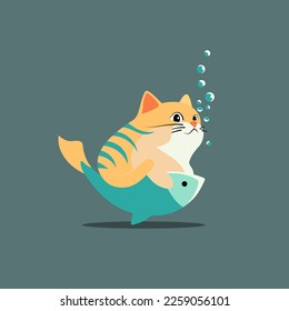 The kitten swims on a fish in water with air bubbles. Stylized drawing of a cat riding a fish.