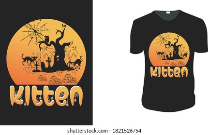 Kitten T-Shirt. Halloween Tee. Halloween Gift Idea, Halloween Vector graphic for t shirt, Vector graphic, Halloween Holidays.