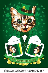 Kitten with two green beer glasses. St Patrick's day vector invitation.