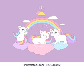 Kitten unicorns sit on the clouds under a colored rainbow with the stars vector illustration