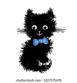 kitten, vector illustration, hand-drawn cute fluffy funny cat.