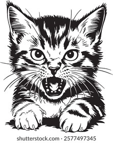 A Kitten. Wall sticker. Black and white, graphic, artistic drawing of a cute striped kitten is pretty squinting.