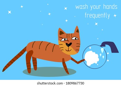 Das Kätzchen wäscht seine Hände und Pfoten. Hygiene, Wasserhahn.