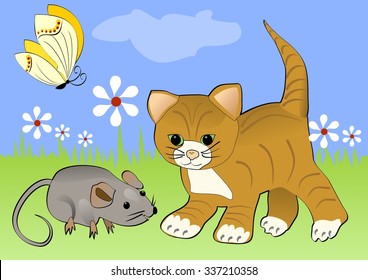 Kitten watching mouse on the green blooming meadow. Yellow butterfly flying over white flowers. Cheerful spring illustration with animals cartoon. Pussy with mouse.