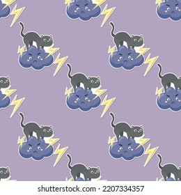 kitten with weather cartoon seamless pattern