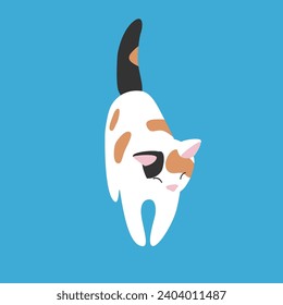 The kitten is white in color with black and white spots. Blue background, flat illustration. Vector image on bright background. Isolated object. 