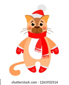 Kitten in winter gloves, mittens, boots and hat. Cartoon illustration on white background