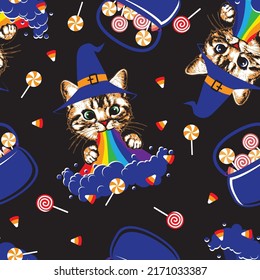 Kitten in witch hat pukes rainbow and candies. Seamless pattern. Halloween vector illustration.