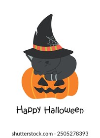 Gatito en sombrero de bruja durmiendo en calabaza para la tarjeta de Halloween, cartel, Anuncio, diseño de la invitación, aislado en el fondo blanco. Feliz Halloween. Ilustración vectorial en estilo plano.