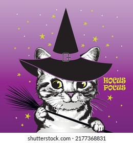 Kitten in witch's hat with a broom. Halloween vector illustration.