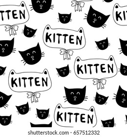 kitten word and cat icon seamless pattern, hand drawn style, vector illustration, white background