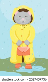 Kitten in yellow raincoat walks through the puddles. Cute vector illustration for childrens. Rainy autumn days.