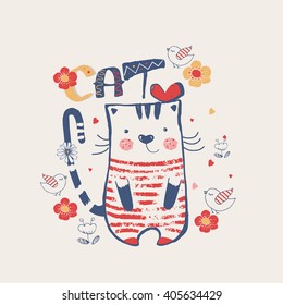 Kitten/hand drawn vector illustration of sweet little cat with birds/can be used for kid's or baby's shirt design/fashion print design/fashion graphic/t-shirt/kids wear