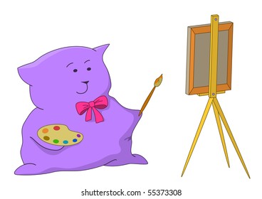 Kitten-pillow near an easel with a palette and a brush