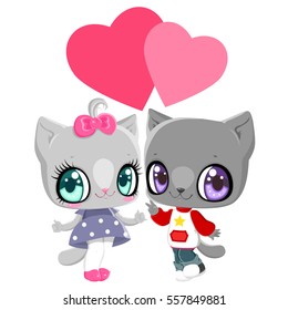Kittens boy and girl with hearts. Card for Valentine's Day. Love and friendship