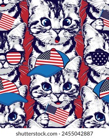 Kittens with cap and sunglesses in American flag seamless pattern. 4yh of july vector illustration.