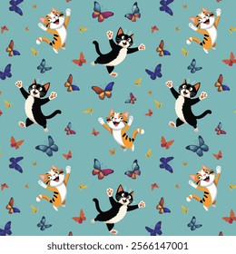 Kittens catch colorful butterflies.Vector seamless pattern with funny kittens and colorful butterflies on a blue background.