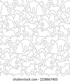 Kittens. Cats seamless pattern background. Cats silhouettes, Coloring page, Vector image