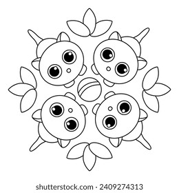 Kittens Coloring book page for kids. Black and white vector mandala for children. Vector illustration