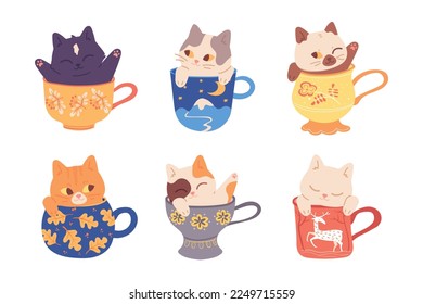 Kittens in cup. Naughty cats inside clay mug for tea or coffee, adorable kitty face characters, print sleep animal heads funny doodle pet morning design cartoon vector illustration of cat isolated