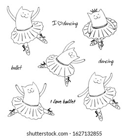 Kittens dancing. Funny kittens are engaged in ballet. Hand sketch for textile, wrapping, wallpaper.