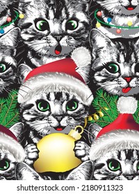 Kittens faces in santa's hat seamless pattern. Christmas vector illustration.