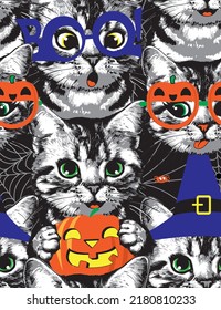 Kittens faces in witch's hat,  glasses pumpkin and boo seamless pattern. Halloween vector illustration.