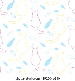 kittens and fishes contour seamless pattern, cute print in pastel colors