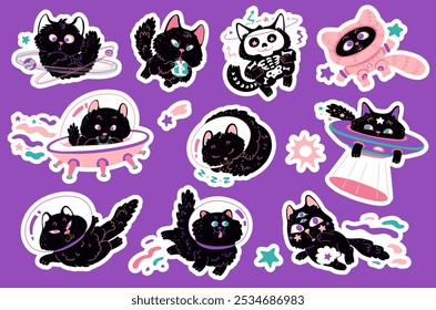 Kittens flying in space among planets, stars, in a spacesuit and flying saucers. Sticker set. Cute, fluffy cats. Space theme, galaxy. Decorative elements. Vector illustration.