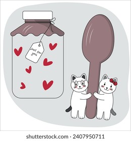 Kittens with a giant spoon near a jar of hearts. Flat cartoon design on white background.  Cute card for Valentine's day.   Vector Illustration EPS10.