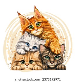 Kittens. Graphic, color portrait of kittens in watercolor style on a white background. Wall sticker. Digital vector graphics.