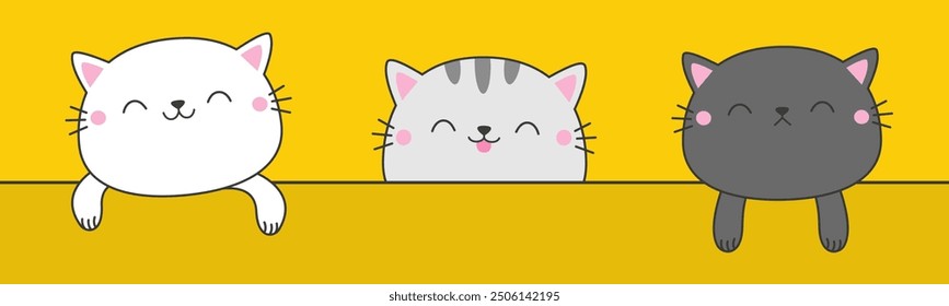 Kittens with hands. Paw print on the table. Peeking cat set hanging on white paper. Line contour silhouette. Funny Kawaii pet animal. Cute cartoon baby character. Flat design. Yellow background Vector