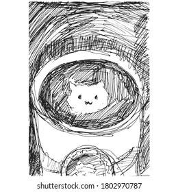 cabeza de gatito en una taza de té sobre un fondo negro, dibujando con una pluma de gel negro, ilustración vectorial