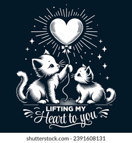 Kittens and Heart Balloon - Monochrome Vector Illustration of Feline Affection