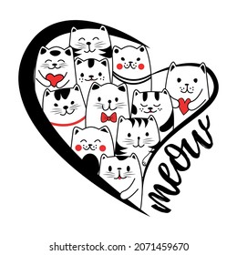 Gatitos en la ilustración del vector del corazón. Maullido y gatitos en colores blanco y negro y rojo.