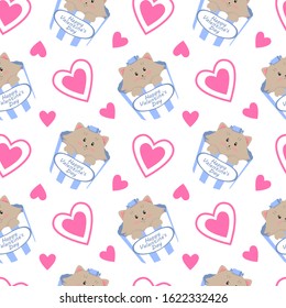 Kittens and hearts cartoon. Vector seamless pattern. Love cute sweet
