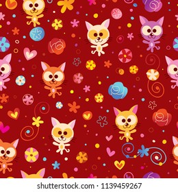 kittens hearts and flowers seamless pattern