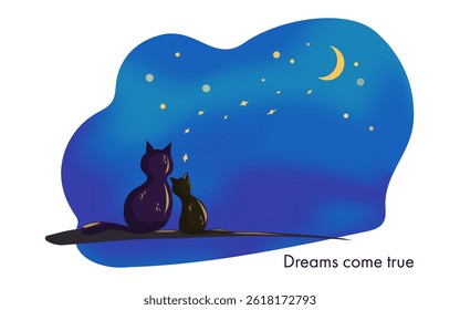 Kittens looking at the night starry sky. Moon sky blue gradient. Vector horizontal background with copy space. Cute drawing of cat looking at the milky way and dreaming. Greeting design